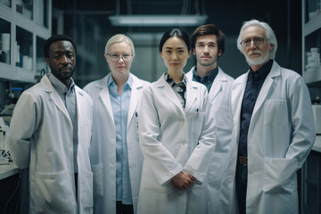 Professional multiethnic medical staff looking at camera in modern equipped lab. Diverse team of scientists in white coats smiling at camera working together in hospital laboratory. Generative AI
