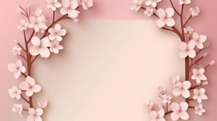Spring time background. Cherry blossom trees frame on paper cut style. With blank space for text. AI generative.