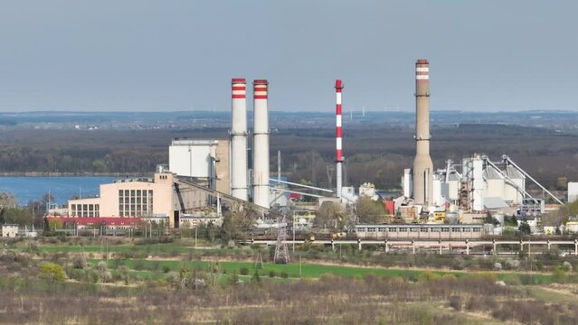Aerial footage of power station in konin Poland europe zero emission rule and regulation for smog pollution and co2 releasing 