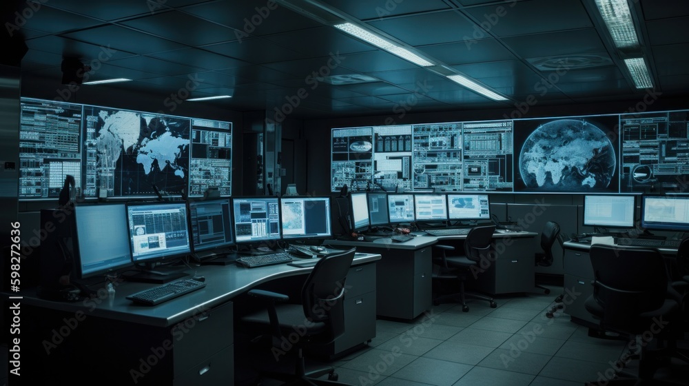 Poster technologically advanced computer room. multiple monitors. ai generative.