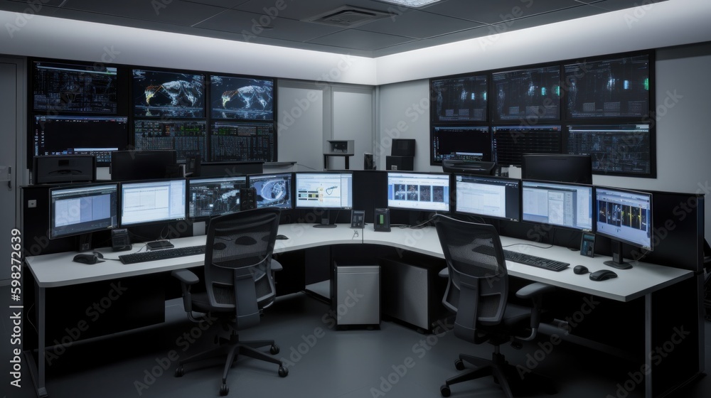 Poster technologically advanced computer room. multiple monitors. ai generative.