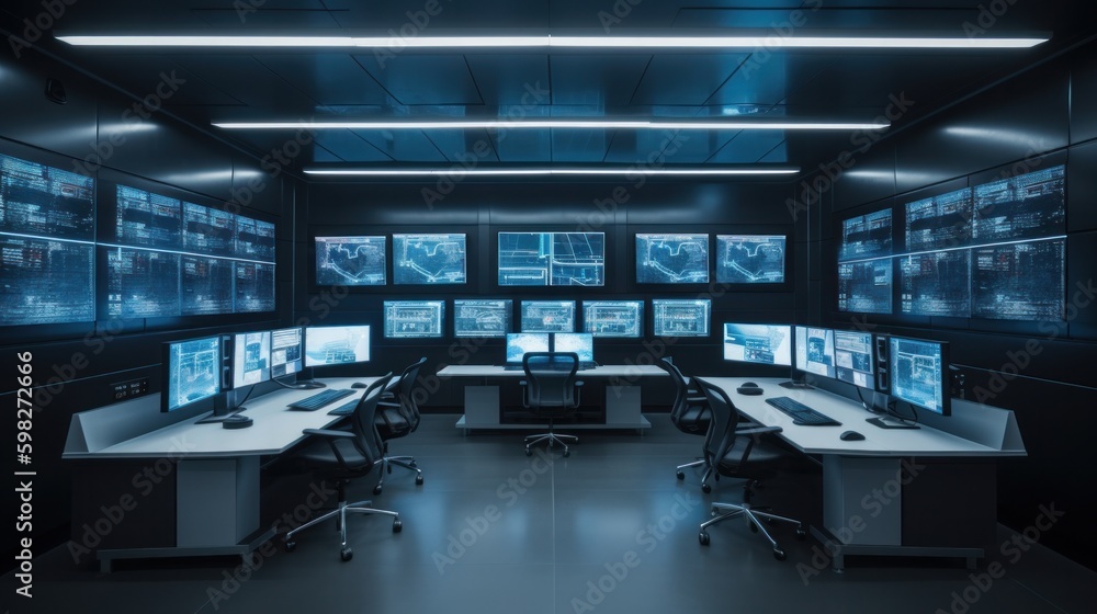 Poster technologically advanced computer room. multiple monitors. ai generative.