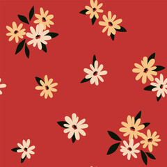 Seamless floral pattern, simple ditsy print with small flowers. Cute botanical design for fabric, paper: abstract composition of tiny hand drawn flowers on a red background. Vector illustration.