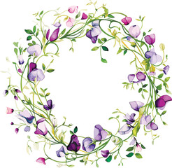 Wildflower watercolor wreath. Purple, green sweet pea vector wreath. Vibrant botanical illustration. 