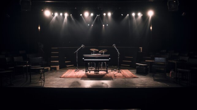 Empty stage of a small live music concert. AI generative.