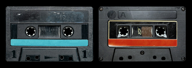 Old cassette tape collection with blank label mockup templates