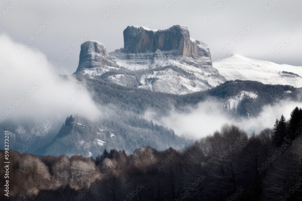 Poster majestic snow-capped mountain surrounded by clouds. generative ai generative ai