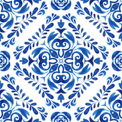Damask tile with florishes. Gorgeous seamless floral watercolor pattern tiles. Portuguese style ceramic tile design