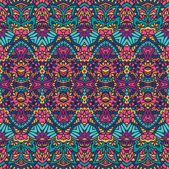 Vector seamless pattern ethnic tribal floral psychedelic colorful fabric print. Ethnic brihgt mandala ornaments