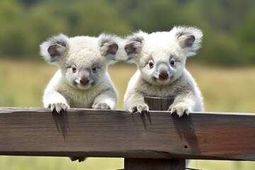 two adorable baby koalas perched on a rustic wooden fence. Generative AI Generative AI