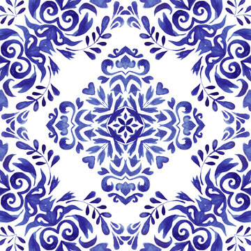 Gorgeous seamless blue floral watercolor pattern tiles. Floral mandala ceramic azuejo.