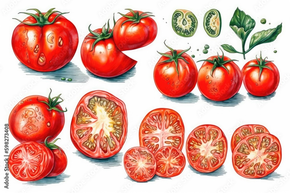 Poster sliced tomatoes arranged on a white background. generative ai generative ai