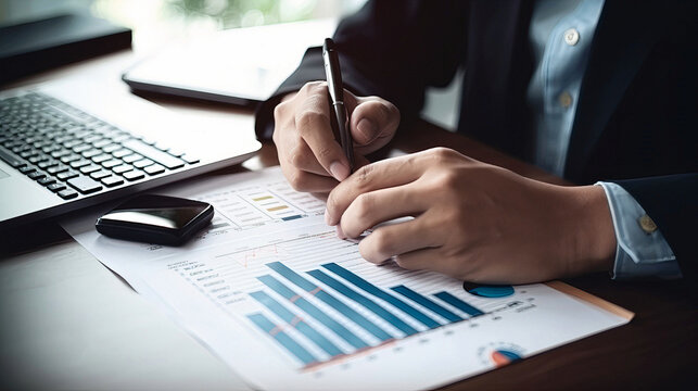 Closeup image of businessman taking notes on charts and data with pen
