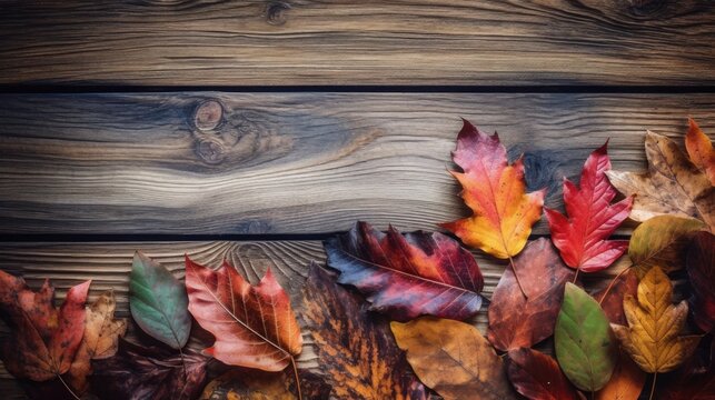 art autumn leaves on old wood table background. AI generated.