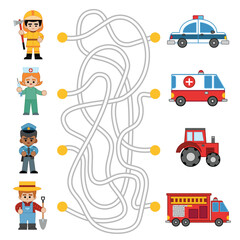 Maze game for children, connect the professional people to their transport. Cartoon sen of characters and cars © ksenyasavva