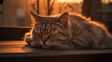 Sleeping cat at sunrise of the day. AI generated.