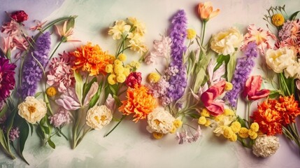 spring flowers frame on paper background. With blank space for text. AI generated.