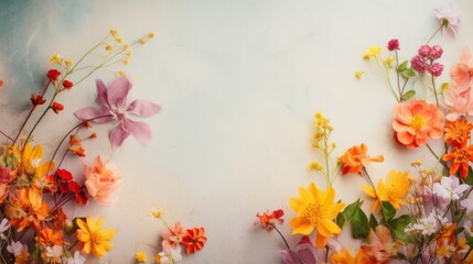 spring flowers frame on paper background. With blank space for text. AI generated.