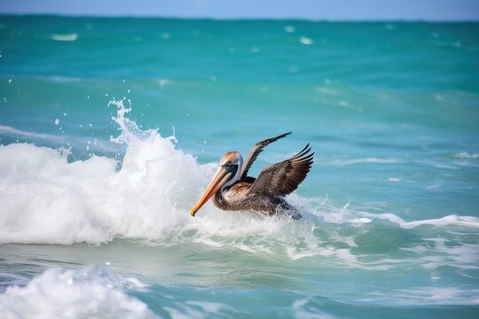 A pelican diving into the ocean to catch fis