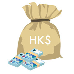 Hong Kong Dollar Vector Illustration. Hong Kong, Macau money set bundle banknotes. Money bag 20 HKD. Flat style. Isolated on white background. Simple minimal design.