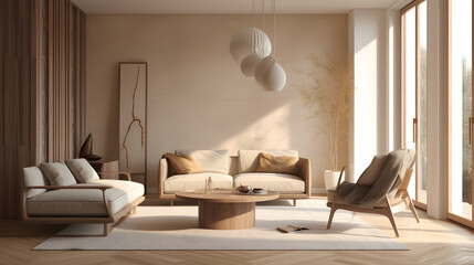Modern interior japandi style design livingroom. Lighting and sunny scandinavian apartment with plaster and wood. 3d render illustration. - obrazy, fototapety, plakaty