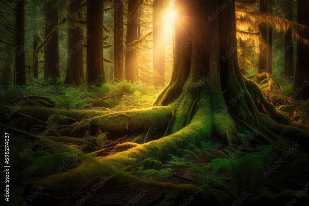 Poster majestic tree standing tall in the heart of a lush green forest. generative ai generative ai
