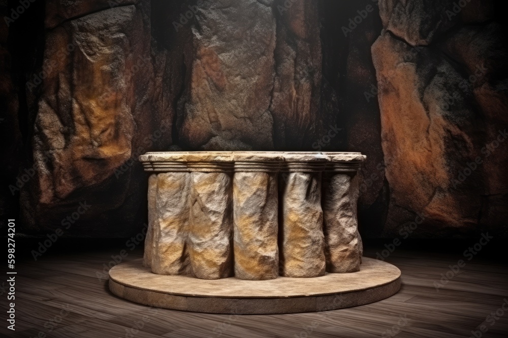 Poster stone pedestal in front of a rough textured rock wall. generative ai generative ai