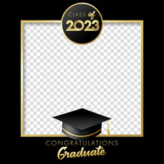 Class of 2023 - Graduation party photo frame for booth. 2023 Congratulation Graduate design with golden 3d numbers and graduation academic cap on photo frame. Vector illustration