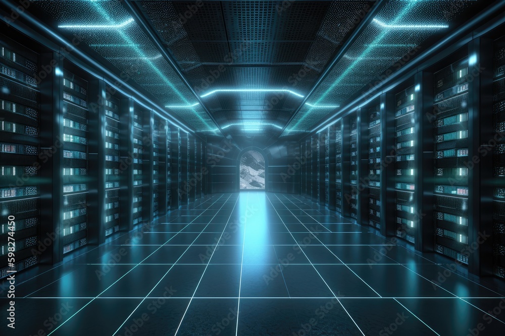 Poster data center filled with rows of servers and computer equipment. generative ai generative ai