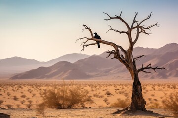A raven perched on a barren tree branch in a desert landscap