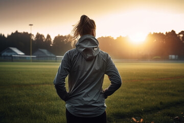 Woman Exercising in Nature: A silhouette of a woman doing sports against a beautiful sunrise sky. Ai generated.