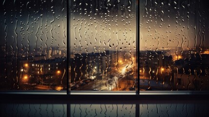 Night city autumn rain background window glass reflect. AI generative.