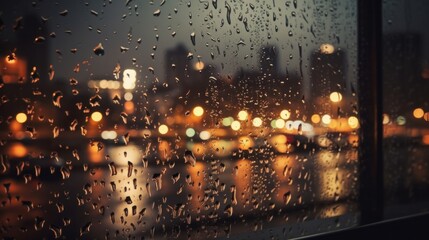 Night city autumn rain background window glass reflect. AI generative.
