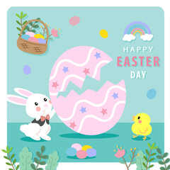 Let's celebrate Happy Easter day. The cute Easter rabbit and chick are playing Easter egg hunt game vector on modern green background.