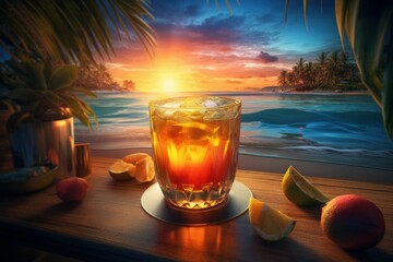 Beach cocktail ocean sunset. Generate AI