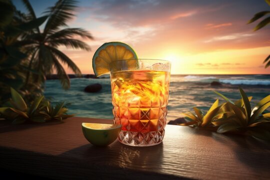 Beach cocktail ocean evening. Generate AI