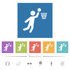 Basketball player flat white icons in square backgrounds