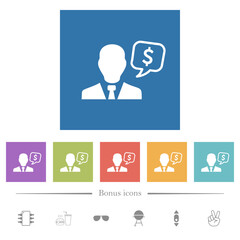 Dollar financial advisor flat white icons in square backgrounds