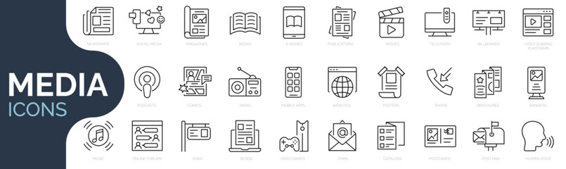 Set of line icon related to mass media, social networks, public media, journalism, communication, networking. Outline icon collection. Editable stroke. Vector illustration  - obrazy, fototapety, plakaty