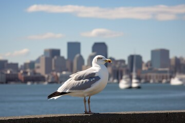Obraz premium A seagull perched on a pier with a city skyline in the backgroun