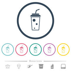soft drink with straw outline flat color icons in round outlines
