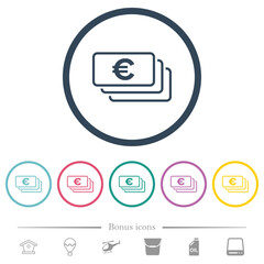 European Euro banknotes outline flat color icons in round outlines