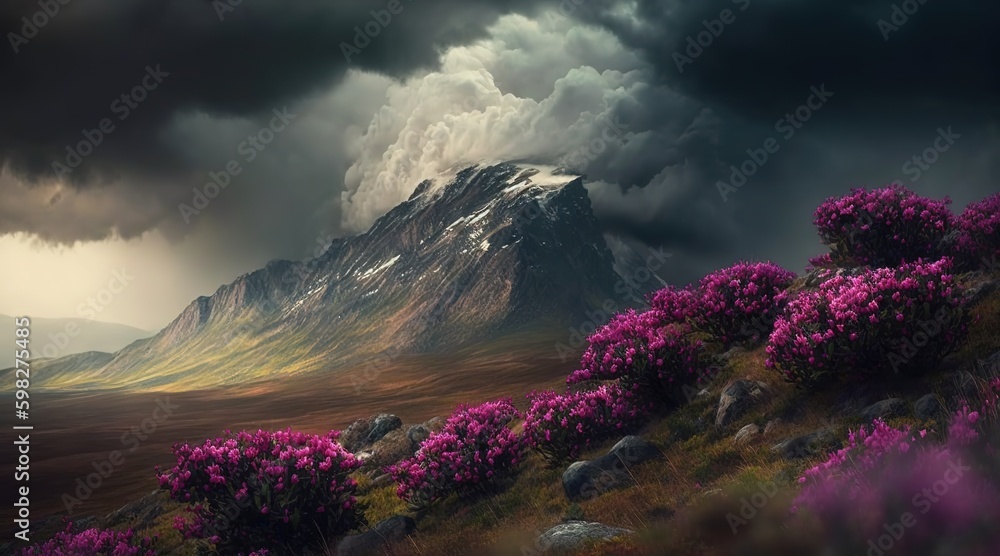 Aufkleber a mountainous setting with a flowering meadow. rhododendron blossoms with a rosy hue. rough weather 