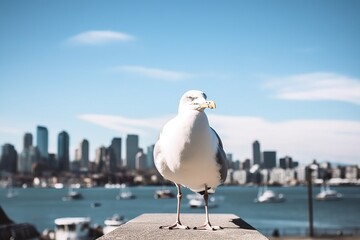 Obraz premium A seagull perched on a pier with a city skyline in the backgroun