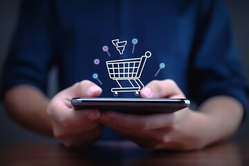 Fototapeta na wymiar Hand of young business using smart phone with shopping cart icon, Online shopping and e-commerce concept, online shopping concept, cart with card, shopping cart with credit, Generative AI