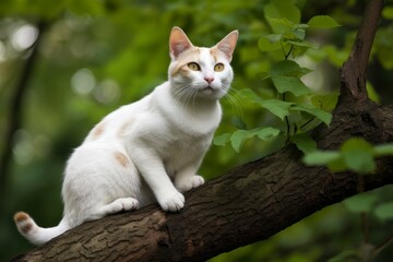 White cat on tree branch. Generate Ai