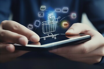 Hand of young business using smart phone with shopping cart icon, Online shopping and e-commerce concept, online shopping concept, Generative AI