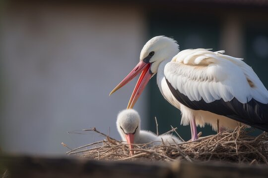 A stork carrying a baby in a bundle in its bea
