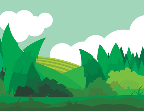 Spring наture, landscape. Green meadow andf green forest. Spring landscape with leses, sun, sky and clouds, with wild grass. Vector on spring background. in flat cartoon style.