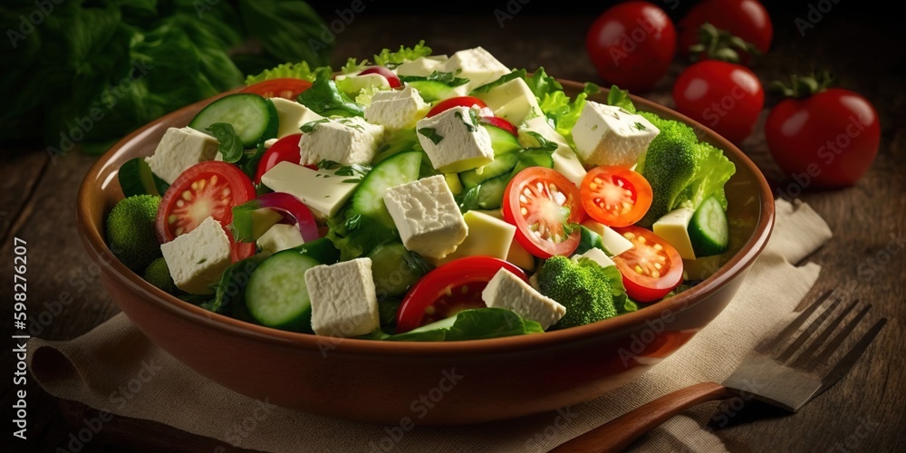 Poster combine greens, cheese, and tomatoes and cucumbers for a refreshing salad. generative ai generative 